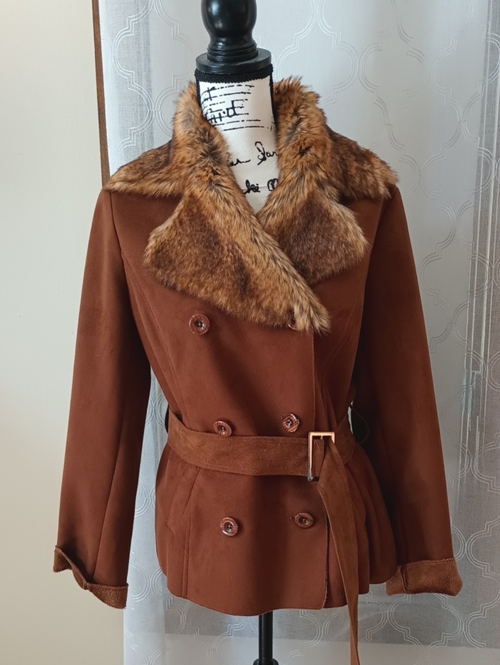 Chico's Brown Faux-Fur Collar Belted Trench Coat